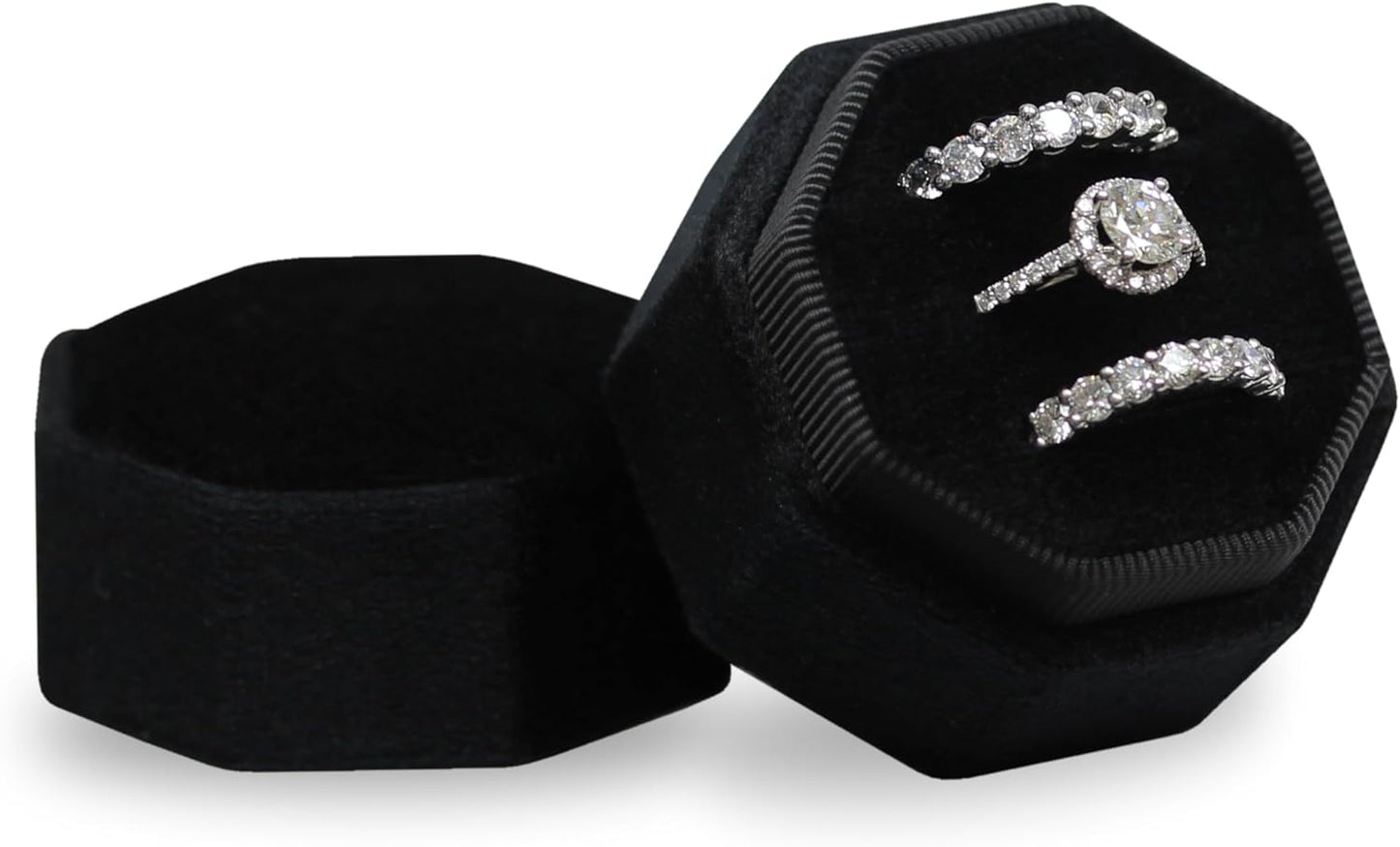 Velvet 3 Slots Jewelry Ring Box Engagement Wedding Box Keepsake Box Bridal Photo Ring Triple Slots Octagon (Black)