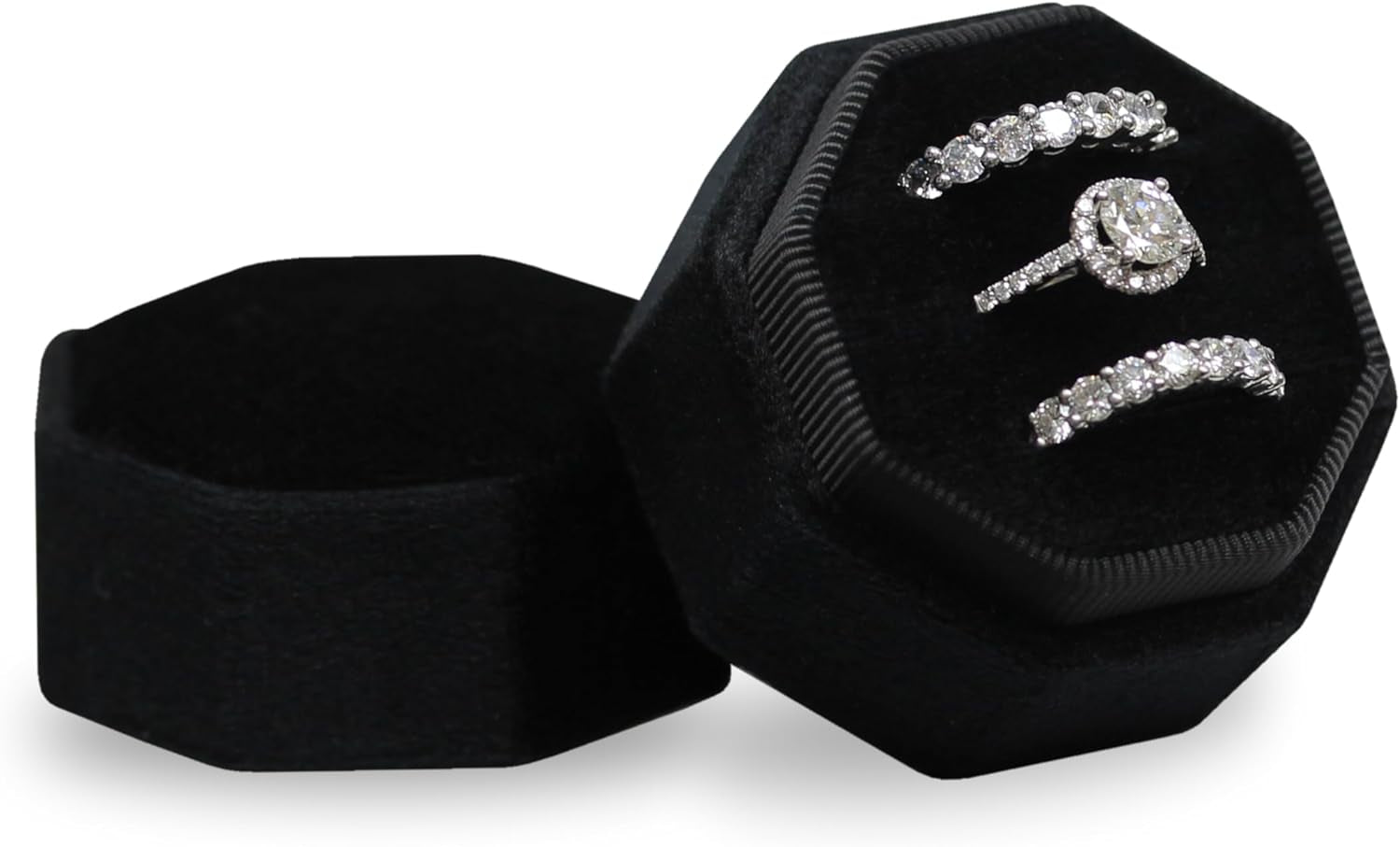 Velvet 3 Slots Jewelry Ring Box Engagement Wedding Box Keepsake Box Bridal Photo Ring Triple Slots Octagon (Black)