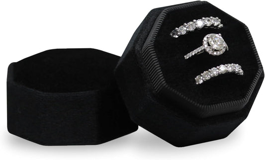 Velvet 3 Slots Jewelry Ring Box Engagement Wedding Box Keepsake Box Bridal Photo Ring Triple Slots Octagon (Black)