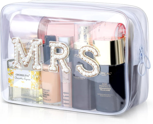 MRS Clear Cosmetic Bag, Bachelorette Gifts for Bride Makeup Bag, Portable PVC Travel Toiletry Bag Bling Pearl Rhinestone Patch Letter Bags for Engagement Party Women Wedding Bridal (Gold)