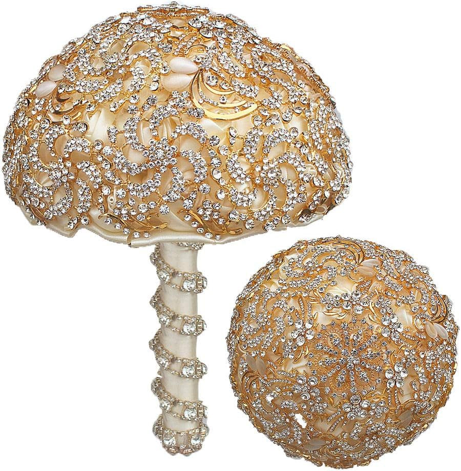 Wedding Bouquet with Golden Luxury Artificial Diamond,Set Including Bouquets, Wrist Flowers,Corsage for Your Wedding with Full Hand-Made (Gold+Ivory)