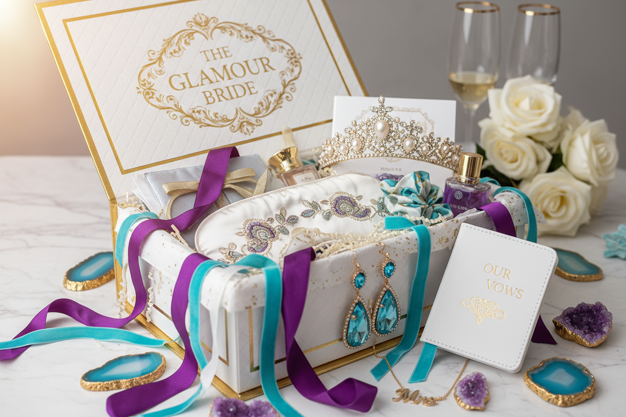 Glam Bridal Subscription Box in the colors of white, gold, purple and turquoise blue