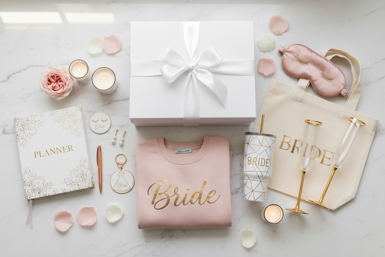 Glamorous Bridal Subscription Box that has Planner, Pen, Bridal Sweatshirt, Bridal Tumbler, Keychain, Bride Tote, with additional items that looks like over $160 in value